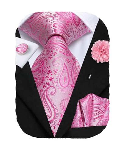 Hi-Tie Men's Pink Silk Paisley Tie Pocket Square Cufflinks Lapel Pin Set