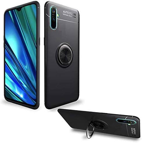 Spazy Case® Realme C3 Sleek Rubberized Case with Chrome Plating Ring Stand Back Cover Case Designed for Realme C3 - Black