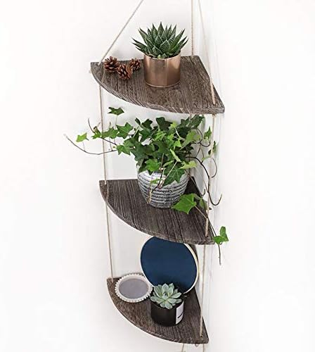 YunNasi Floating Shelf Wall Corner Hanging Wooden Shelves with Rope Rustic Style Wall Decoration Floating Rack for Living Room Kitchen Bathroom (3 Tier)