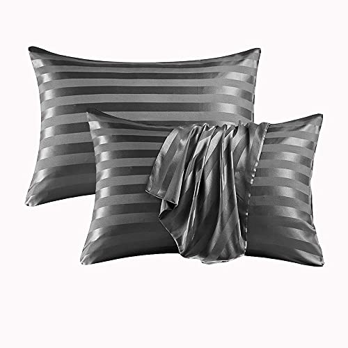 Satin Stripe Pillowcases For Hair And Skin,Soft Silk Pillow Cover 2 Pcs Standard Queen Size Pillow Case For Women And Men With Envelope Closure,Dark Grey,51*102Cm #TOP13