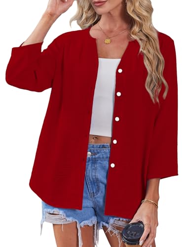 Image of OFEEFAN Button Down Shirts for Women 3 /4 Length Sleeve Tops V Neck Blouses Business Casual Outfits Loose Fit