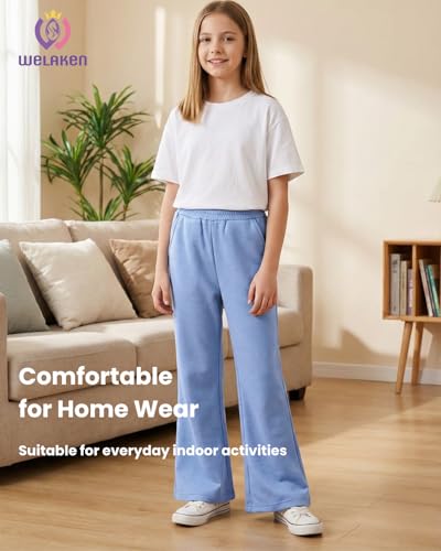 Image of WELAKEN Girls Sweatpants for Casual & Athletic - Kids Flared Pants Bell-Bottom Trousers with Pockets