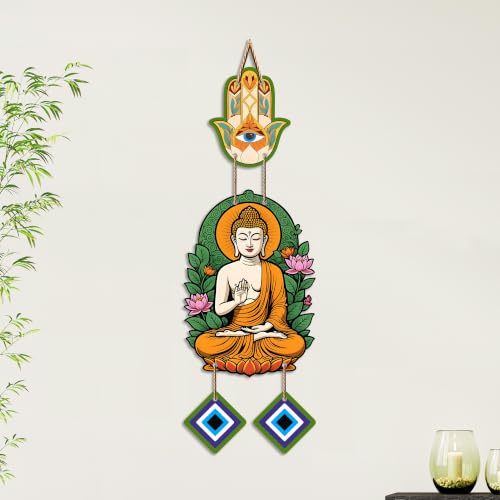 Image of Artvibes Buddha Wall Hanging with Hamsa Hand & Evil Eye Accents | Spiritual Wooden Decor for Meditation | Yoga and Prayer Spaces | Decorative Hanging Ornament for Home Entrance (WH 8596N)