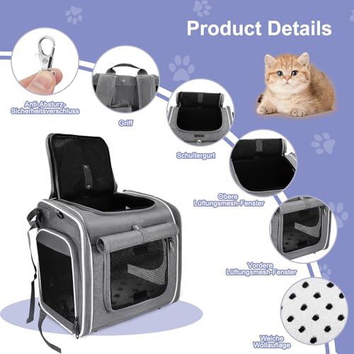 Hundekorb Fahrrad Vorne, 4-in-1 Hundekorb für Fahrrad, Erweiterbarer Hunderrucksack, Hunde-Fahrradkorb mit 4 Mesh-Fenster, 4-Offenen Türen, Haustier-Reisetasche für Katzen und Hunde