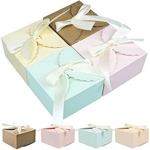 20 Pcs Square Kraft Paper Gift Boxes with Ribbon - 9 x 9 x 5 cm (3.54 x 3.54 x 1.96 inch) - Small Wedding Favour Box, Cardboard Gift Box for Dessert, Birthday, Party, Christmas Cover