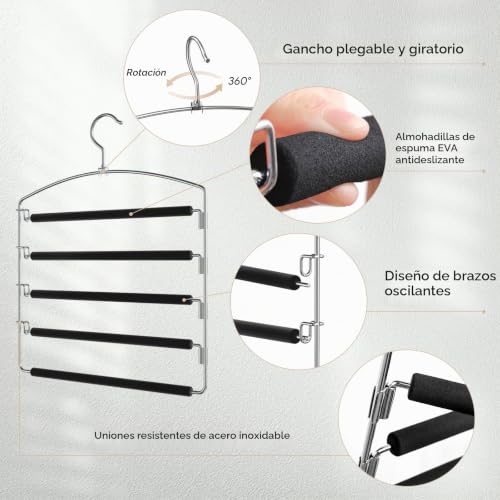 Miniatura 3 de Housolution Perchas Para Pantalones De 5 Capas, 4 Pzs Colgador Para Pantalones Vaqueros Faldas Corbata De Acero Inoxidable Con Gancho Giratorio Y Eva Antideslizante Organizador Armario Ahorra Espacio