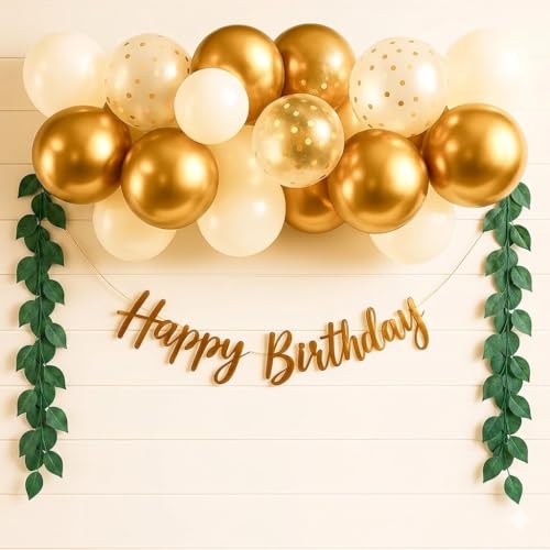 Image of Golden Birthday Decoration Set Happy Birthday Decoration Kit With Golden Balloons & Artificial Green Leaves Vine Creeper & Confetti Balloons And HBD Banner (birthday kit)