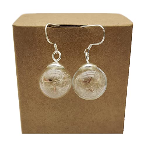 Dandelion Real Flower Make a Wish Glass Ball 925 Sterling Silver Drop Dangle Earrings for Women Handmade