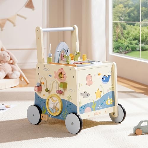 ROBUD Wooden Baby Push Walker, Marine Theme Learning Walking Toys, Adjustable Height Baby Walker with Decelerator, Montessori Toys for Baby Age 10
