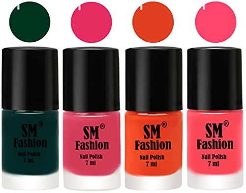 Image of Nail Polish Combo Set (Pack of 4) Quick Dry Gel Finish Nail Paint | Dark Green,Dark Rose Pink,Reddish Orange ,Pink | 7 ml Each