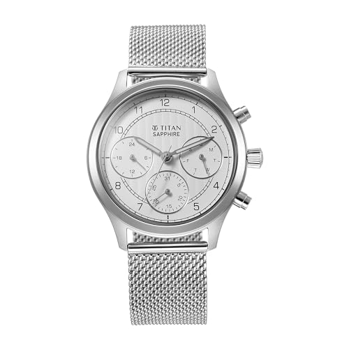 Image of Titan Sapphire Quartz Multifunction White Dial Silver Stainless Steel Strap Watch for Men - NT1874SM01