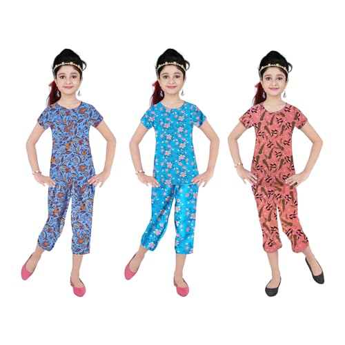 Image of Girls Pure Cotton Casual Round neck regular feet Multi Color Girls night dress Half Sleeve set of 3 pcs