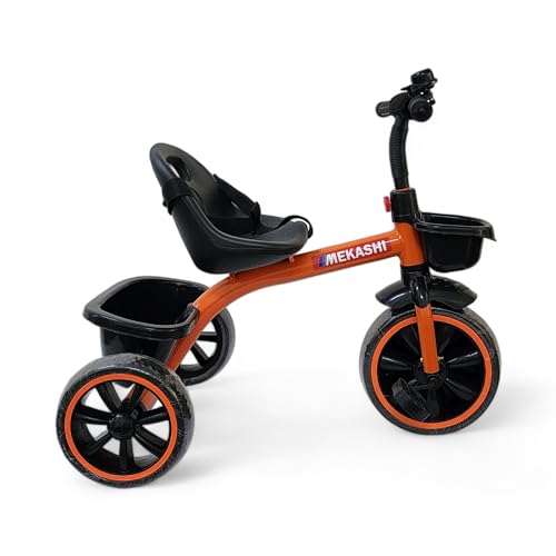 Image of MEKASHI T-001RW Plug N Play Kids Trike /Baby Tricycle, Big Size Storage Basket, Bell, Comfortable Seat with Seat Belt, 12 to 48 Months, Load Upto 35Kg, Easy Assembly, Heavy Guage Steel Frame, Orange