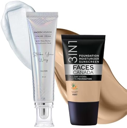 FACESCANADA Celeb Glow Kit | Silver Strobe Cream (30ml) + Medium Natural All Day Hydra Matte Mini Foundation (18ml) | Makeup Kit For Women (Combo Pack of 2)