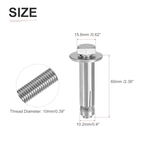 Image of DTGN M10 x 60 Hex Expansion Bolts - 30Pack - Good for Concrete Dry Brick Block Walls - 304 Stainless Steel - Silver