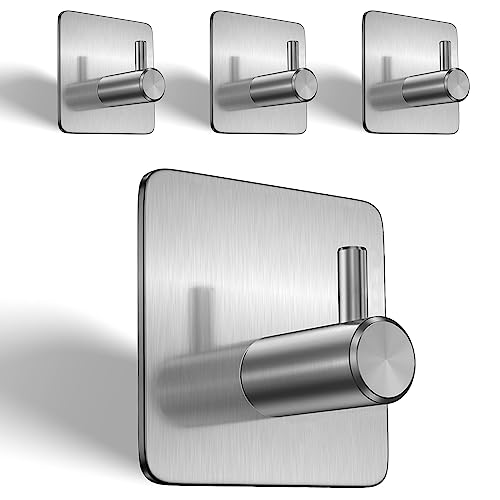 Self-Adhesive Wall Hooks (Pack of 04Pcs) - 304 Stainless Steel Waterproof and Anti-Rust Hooks for Hanging - Ideal Bathroom Kitchen and Bedroom Hooks for Holding Keys Coats Hats Robes & Towels