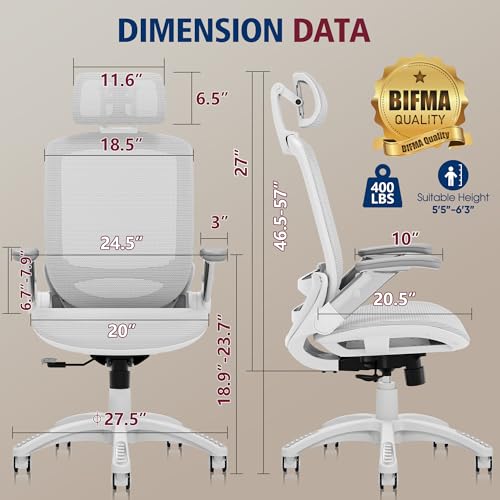 Image of GABRYLLY Ergonomic Office Chair, High Back Home Desk Chair with 2D Flip-Up Arms, 3D Headrest, 90-120 Tilt and Wide Cushion, Big and Tall Mesh Chairs for Man Woman, Computer Task Chair Light Grey