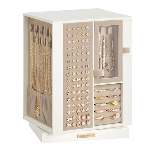 SONGMICS Boîte à Bijoux, Rotative à 360°, Coffret à Bijoux avec 4 Tiroirs, Rangement pour Accessoires, Colliers, Bracelets, Bagues et Boucles d’Oreilles, Idée Cadeau, Blanc Crème JBC211WD01