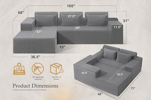Image of HABUTWAY Sectional Couches for Living Room,No Assembly L Shaped Couch 105 inch Modular Sectional Sofa Couch with Deep Seat,Cloud Couches Furniture Sets for Apartment,Corduroy (Light Grey, Left Facing)