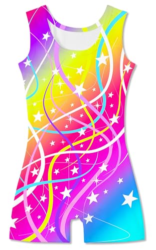 Funnycokid Gymnastics Leotards for Girls Dance Outfits Unitard Sparkly Clothes with Shorts, Gymnastics Ribbons, 5-6 Years