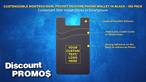 DISCOUNT PROMOS 100 Montego Silicone Phone Wallets Pack - Customizable Text, Logo - Strong Adhesive, Dual Pocket - Black3