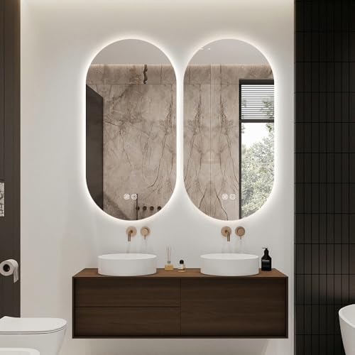 Oval LED Mirror 100x50cm Frameless Backlit Design Minimalist Home Décor Adjustable Light Defogger Touch Control 3 Colours Bathroom Dressing Room