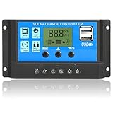 Solar Charge Controller Panel 30A, 12V/24V PWM Auto Parameter Adjustable LCD Display Intelligent Regulator with Dual USB Port Timer Setting ON/Off Hours