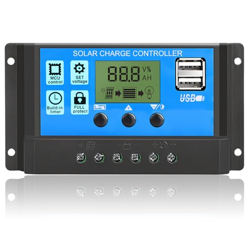 Solar Charge Controller Panel 30A, 12V/24V PWM Auto Parameter Adjustable LCD Display Intelligent Regulator with Dual USB Port Timer Setting ON/Off Hours