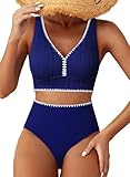 Herseas Bathing Suit for Women Tummy Control Fashion Bestselling Bikini Sets High Waisted Swimsuit 2026 Criss Cross Back 2 Piece Beachwear Outfits Navy Blue