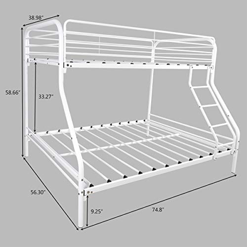 Homjoones Heavy Duty Metal Bunk Bed Twin Over Full Size, Heavy Duty Floor Bunk Beds Frame With Enhanced Upper-Level Guardrail (White) #TOP4