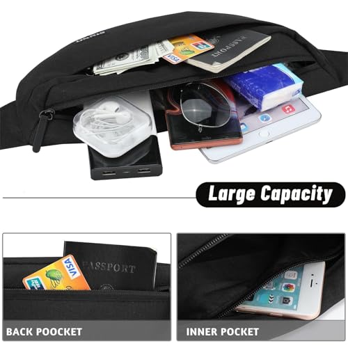 Image of SINNO Large Crossbody Fanny Pack for Women Men Belt Bag With 4-Zipper Pockets for Travel Running Hiking Workout Dog Walking Outdoors Sport Fishing Waist Pack Bag Carrying All Phones, Black, Large,
