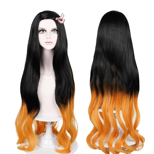 Image of LABEAUTE Nezuko Cosplay Wig for Anime Black Orange Wig, Women Adult Long Halloween Character Costume Wigs Cosplay Clothes for Demon Slayer