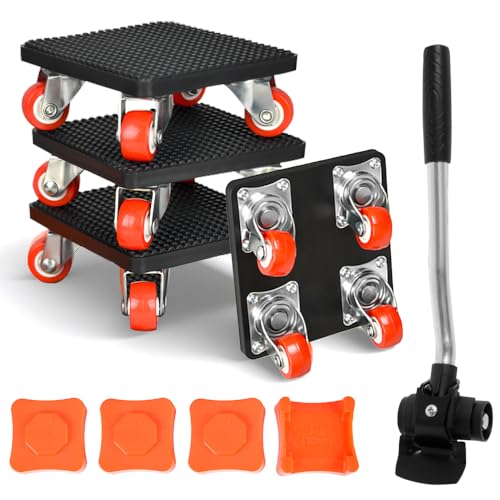Möbel Transportrollen Set, Schwerer Möbeltransporter mit Verlängerungsstange und 4 Möbelroller, 360 Grad Drehbar möbel Transportroller, Möbelrollen Schwerlast mit Möbelheber für Schwere Möbel