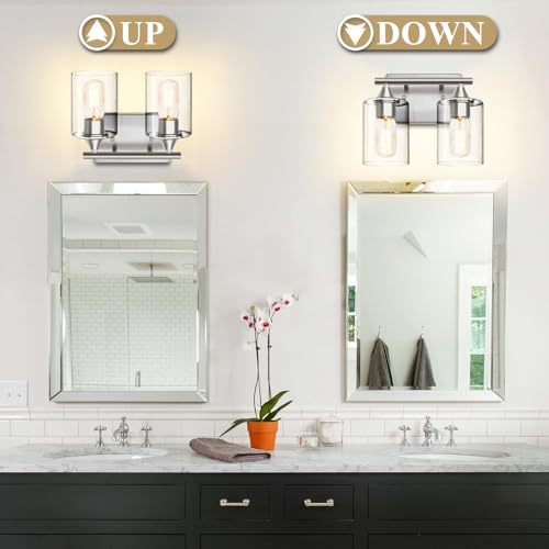 Image of Bathroom Vanity Light Fixture, 2-Light Brushed Nickel Over Mirror, Modern for Bedroom Vanity Table Hallway