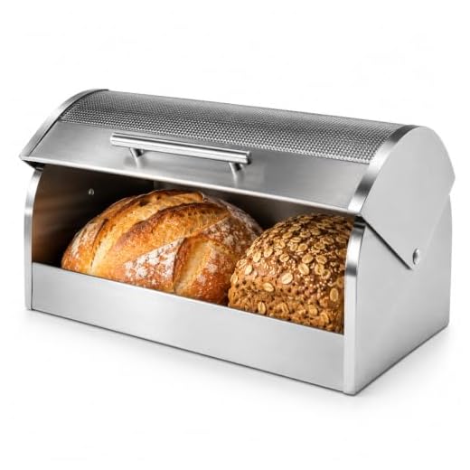 Oggi Stainless Steel Roll Top Bread Box with Tempered Glass Lid