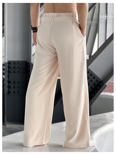 OYOANGLE Men's Elastic Waisted Wide Leg Long Pants Tie Front Belted Loose Casual Trousers with Pockets2