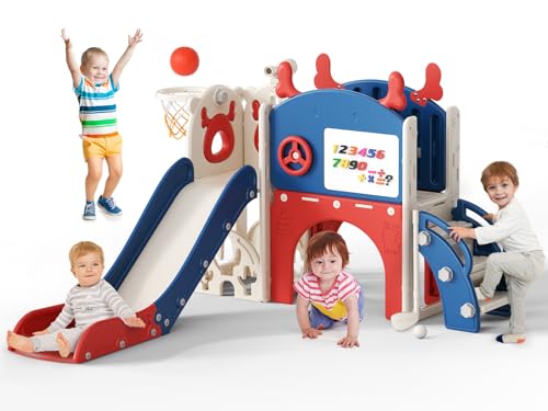 Tobogán Elk 10 en 1 con Canasta de Baloncesto, Golf, telescopio, Estructura para Escalar, tobogán Interior para niños, Juguetes Montessori para Parques Infantiles(Azul Rojizo)