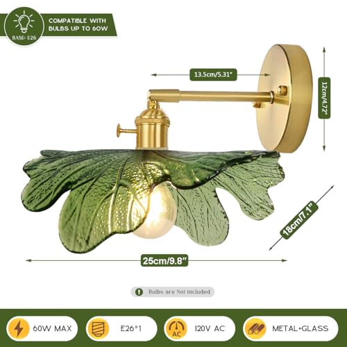 Image of Vanity Lights for Bathroom Mid Century Modern Wall Sconce Light Fixture Green Flower Glass Shade 90 Degree Adjustable Gold Sconce Hardwired Vintage Wall Lighting for Over Mirror Bath