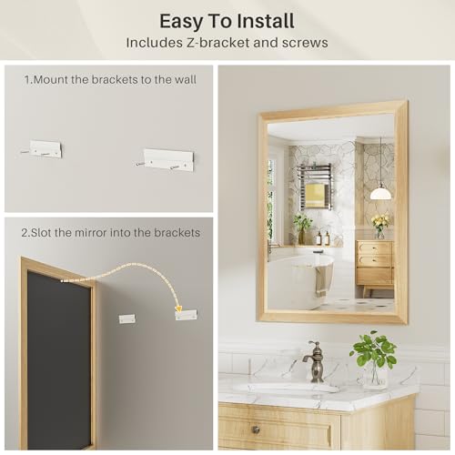 Image of 22x30 Inch Bathroom Mirror for Wall, Anti-Rust Oak Wood Grain Metal Framed Bathroom Mirrors for Over Sink,Rectangler Mirrors for Bathroom Vanity, Farmhouse, Bedroom, Living Room, Entryway Decor