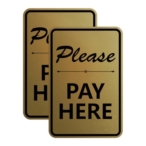 Portrait Round Please Pay Here Sign with Adhesive Tape, Mounts On Any Flat Surface (Brushed Gold) - Medium (2 Pack)