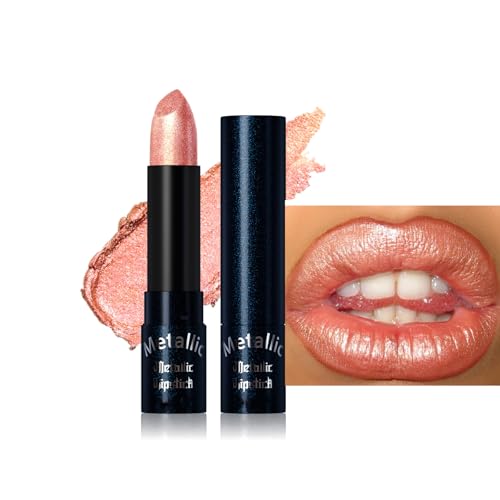 Image of Metallic Glitter Lipstick in Nude Pink - High-Shine Silky Lip Gloss with Radiant Pink Gold Tone, Long Lasting, Lightweight Non-Sticky Formula for Glamorous Shimmer & Evening Wear