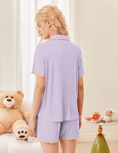 Image of Ekouaer Button Up Pajamas Set for Women Short Sleeve Ribbed Knit Sleepwear 2 Piece Pjs Shorts Set