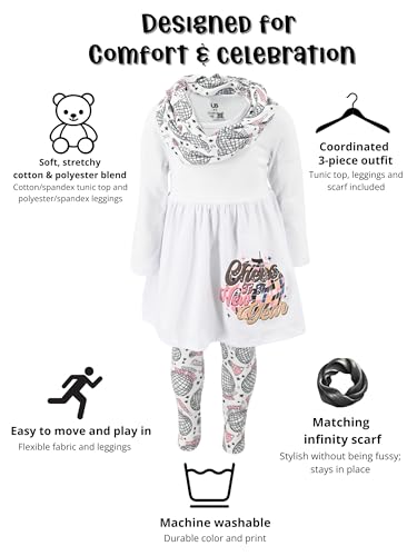 Image of Unique Baby Girls Kids Toddler 3pc Outfit Set Long Sleeve Cotton Blend Tunic Top Leggings and Scarf