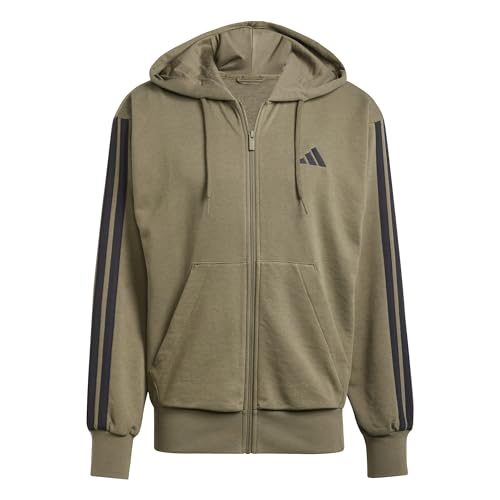 adidas Men's ESSENTIAL THREE STRIPES FRENCH TERRY FULLZIP HOODIE, Olive Strata/Black, L