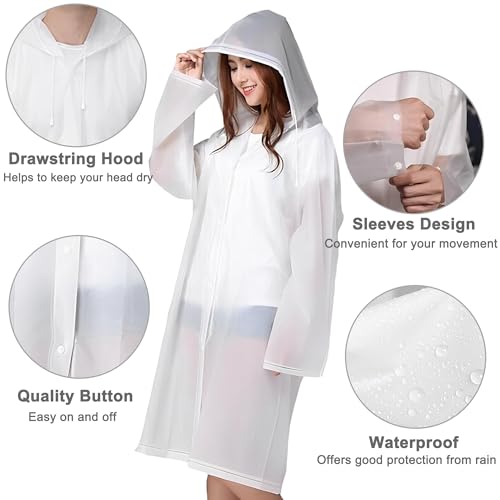 4PCS unisex Raincoats;EVA adult raincoat, reusable with hood Emergency camping survival kit, waterproof lightweight women's and men's raincoat with hood and sleeves (white 4pcs)
