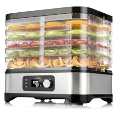 LEHMANN Déshydrateur Alimentaire en Acier Inoxydable, 450 W, 5 Plateaux Réglables en Hauteur, Température Réglable 35-70°C, Minuterie 24 h, sans BPA, pour Champignons, Fruits, Légumes