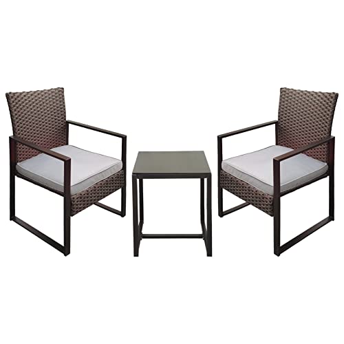 Yiyan 3 Pieces Outdoor Furniture Set Patio Rattan Wicker Chairs & Teatable,Lawn Garden Balcony Backyard,With Washable Cushion (Gray) #TOP3