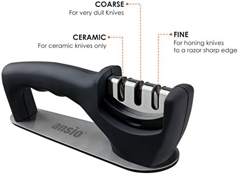 ANSIO Knife Sharpener - Professional 3 Stage Manual Sharpener for Sharpening Kitchen Knives - Firm Ergonomic Handle Black Finish
