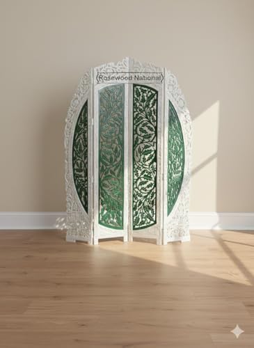 Image of Wooden Room Divider 6 Feet, 4-Panel Folding Wooden Partition for Living Room, Office, Pooja Room, Restaurant, Kitchen & Balcony (2W x 1.82H Meters). (White-Green)