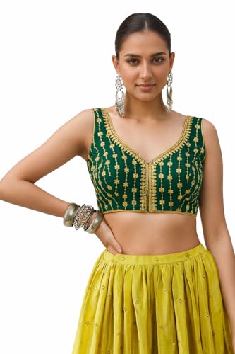 Image of TRENDMALLS Women's Dhupion Silk Embroidery Sequence Work V Neck Sleeveless Blouse Choli Stylish Saree Blouse Ready to Wear